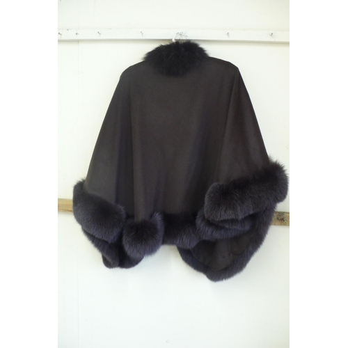 213 - Ladies brown cashmere poncho with brown fox fur collar and trim size 12