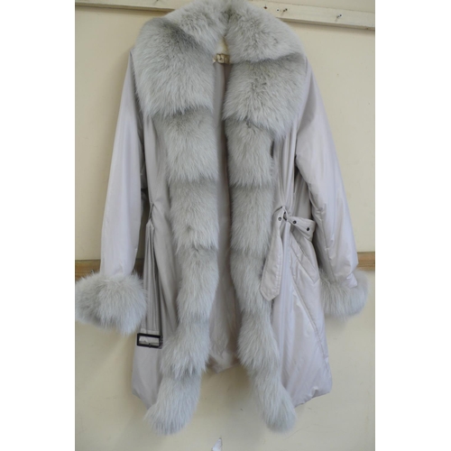 216 - Ladies shower proof mid length coat with silver fox fur trim and cuffs size 12