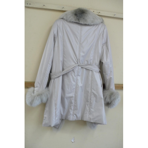 216 - Ladies shower proof mid length coat with silver fox fur trim and cuffs size 12