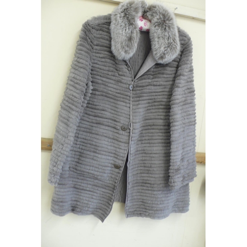 218 - Ladies reversible shower proof grey layered fur mid length coat with fur collar size 12