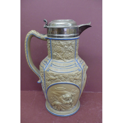 222 - Mid 19thC silver topped German jasperware wine jug with decoration in relief, repair to base London ... 