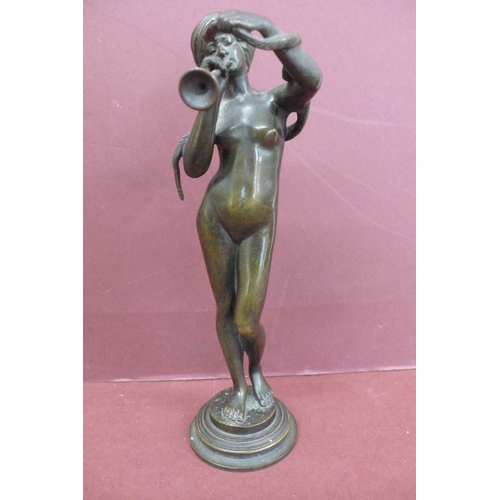 223 - 19thC green patinated bronze of a nude girl snake charmer wearing a turban height 7.25ins