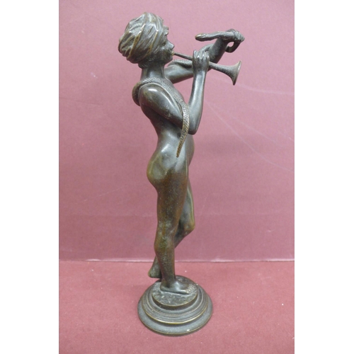 223 - 19thC green patinated bronze of a nude girl snake charmer wearing a turban height 7.25ins