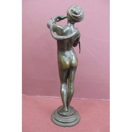 223 - 19thC green patinated bronze of a nude girl snake charmer wearing a turban height 7.25ins