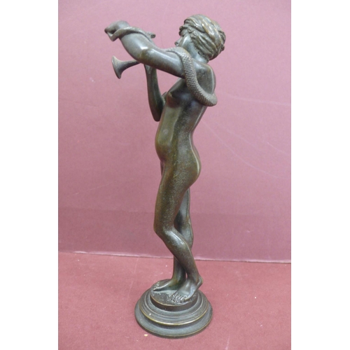 223 - 19thC green patinated bronze of a nude girl snake charmer wearing a turban height 7.25ins