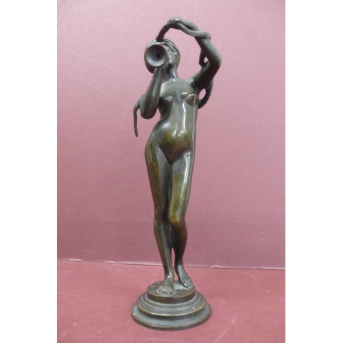 223 - 19thC green patinated bronze of a nude girl snake charmer wearing a turban height 7.25ins