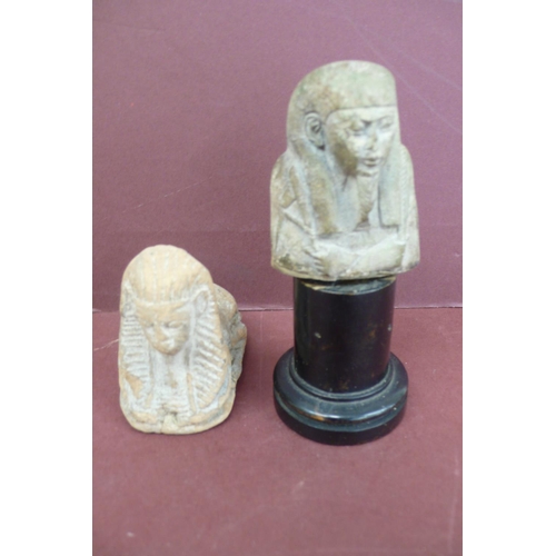 225 - Two ancient Egyptian terracotta relics 1. Pharaoh holding measuring tools height 2.5ins, 2. Scarab B... 