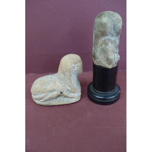 225 - Two ancient Egyptian terracotta relics 1. Pharaoh holding measuring tools height 2.5ins, 2. Scarab B... 