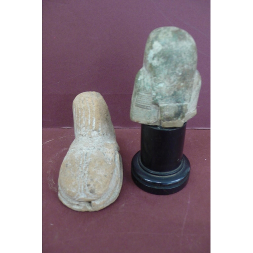 225 - Two ancient Egyptian terracotta relics 1. Pharaoh holding measuring tools height 2.5ins, 2. Scarab B... 