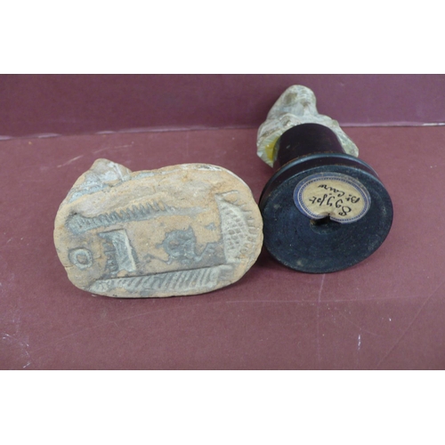 225 - Two ancient Egyptian terracotta relics 1. Pharaoh holding measuring tools height 2.5ins, 2. Scarab B... 