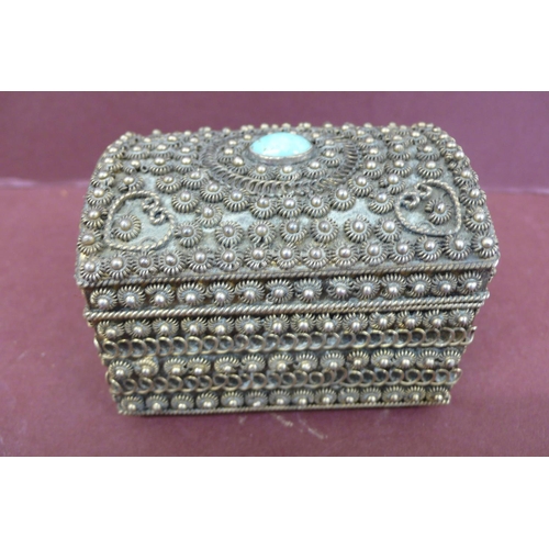 226 - 19th/20thC Continental .833 silver domed casket with applied decoration and cabachon turquoise stone... 