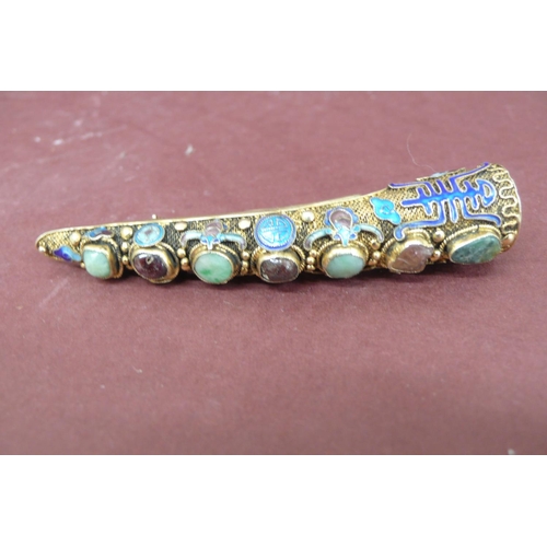 235 - Chinese silver gilt and enamel finger jewelry inset with semi precious stones - length 2.4ins