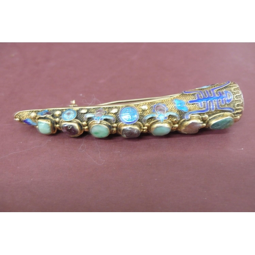 235 - Chinese silver gilt and enamel finger jewelry inset with semi precious stones - length 2.4ins