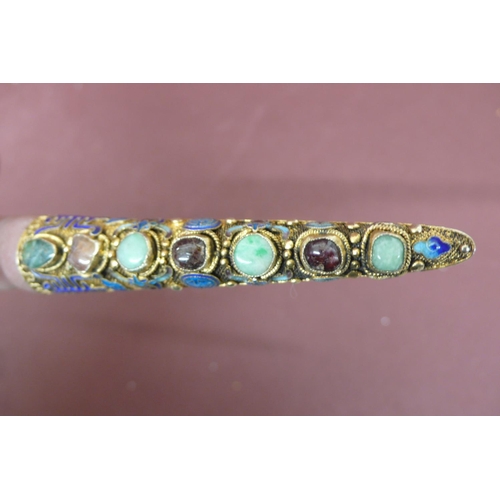 235 - Chinese silver gilt and enamel finger jewelry inset with semi precious stones - length 2.4ins