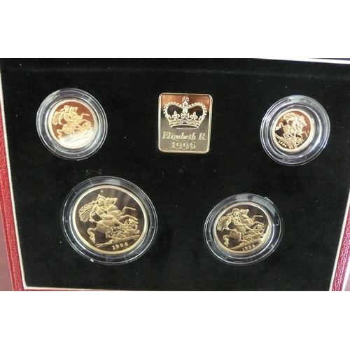 236 - 1996 gold proof sovereign four coin set cased with certificate No. 0674 £5, £2, sovereign and half s... 