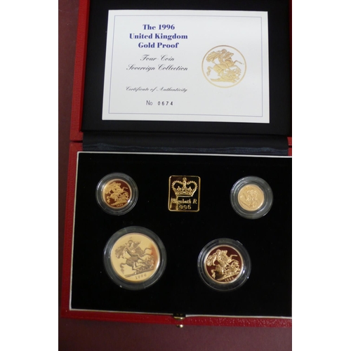 236 - 1996 gold proof sovereign four coin set cased with certificate No. 0674 £5, £2, sovereign and half s... 