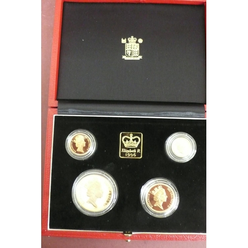 236 - 1996 gold proof sovereign four coin set cased with certificate No. 0674 £5, £2, sovereign and half s... 