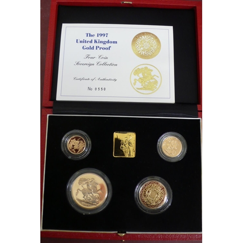 237 - 1997 UK gold proof sovereign four coin set cased with certificate No. 550, £5, £2, sovereign and hal... 