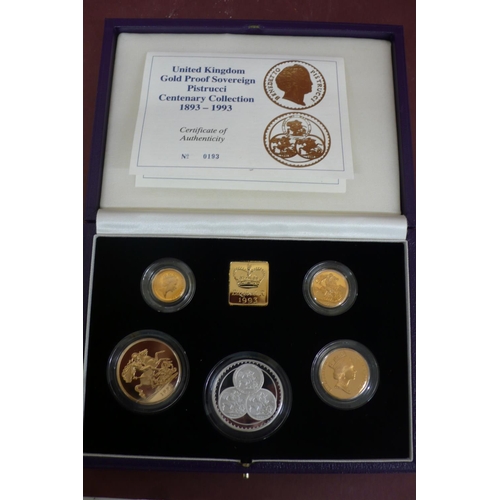 238 - 1993 Uk gold proof sovereign Pistrucci centenary collection 1893-1993 four coin set plus two £5, £2 ... 