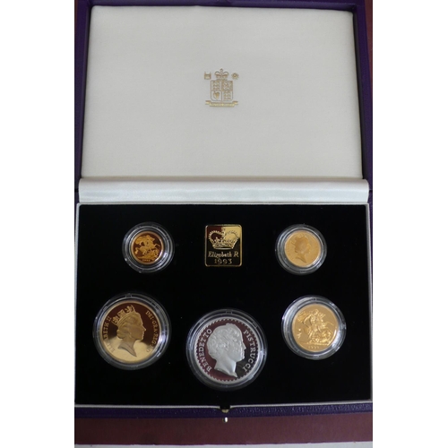 238 - 1993 Uk gold proof sovereign Pistrucci centenary collection 1893-1993 four coin set plus two £5, £2 ... 