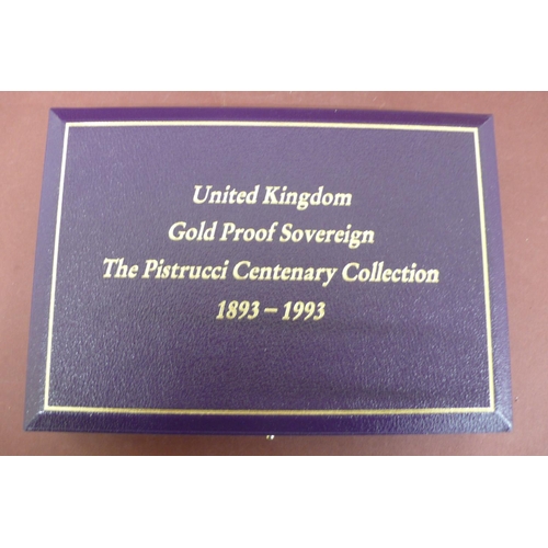 238 - 1993 Uk gold proof sovereign Pistrucci centenary collection 1893-1993 four coin set plus two £5, £2 ... 