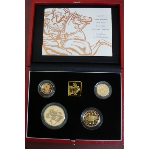 239 - 1999 UK gold proof sovereign four coin set cased with certificate No. 0273 £5, £2, sovereign and hal... 