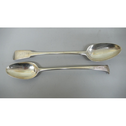 95 - Two GIII silver serving spoons 1) Scroll top London 1772 Thomas Chawner & 2)Fiddle pattern London 18... 