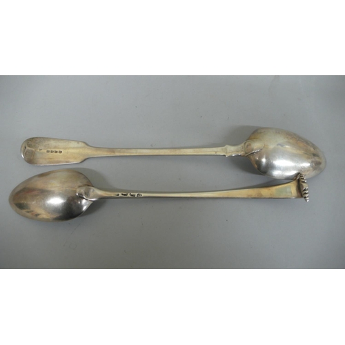 95 - Two GIII silver serving spoons 1) Scroll top London 1772 Thomas Chawner & 2)Fiddle pattern London 18... 