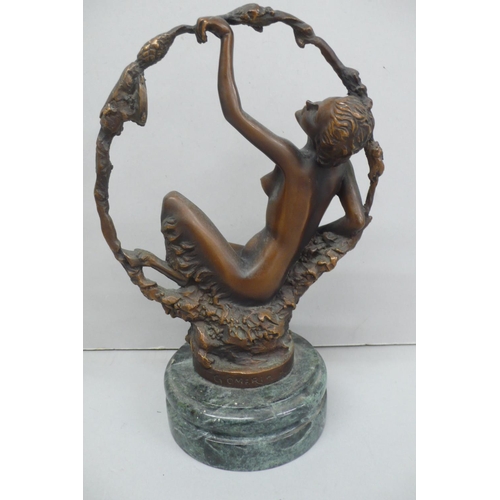 241 - Gomerin? brown patinated bronze nude half woman half goat, on a green figured marble base - height 1... 