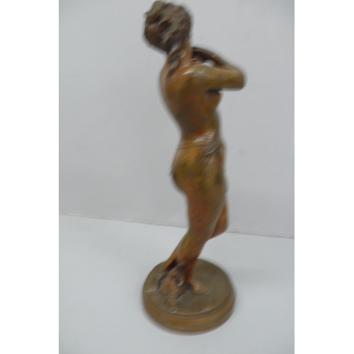 242 - R. Cajani, Nude woman holding a dover, brown patinated bronze - height 12.5ins