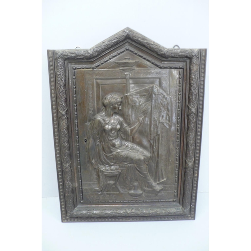 243 - 19thC chased cast iron wall cabinet decoration of a woman seated, marked NENEAONE - 22 X 14.5ins