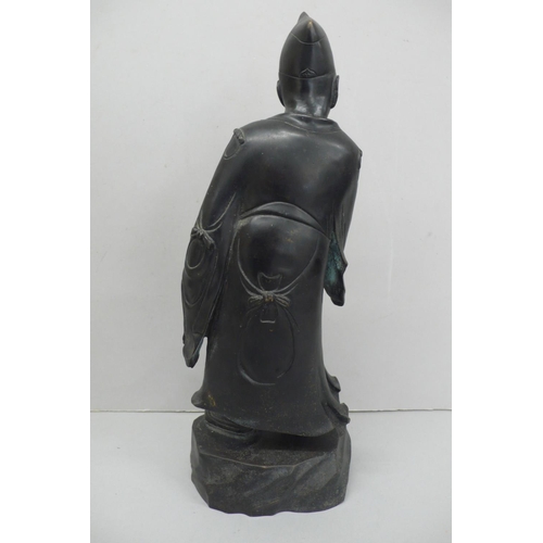 245 - 19th/20thC Japanese black patinated bronze of a man in hat, robes and boots - height 15ins