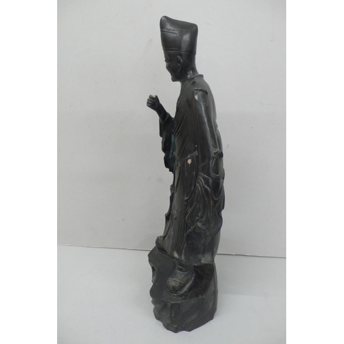 245 - 19th/20thC Japanese black patinated bronze of a man in hat, robes and boots - height 15ins