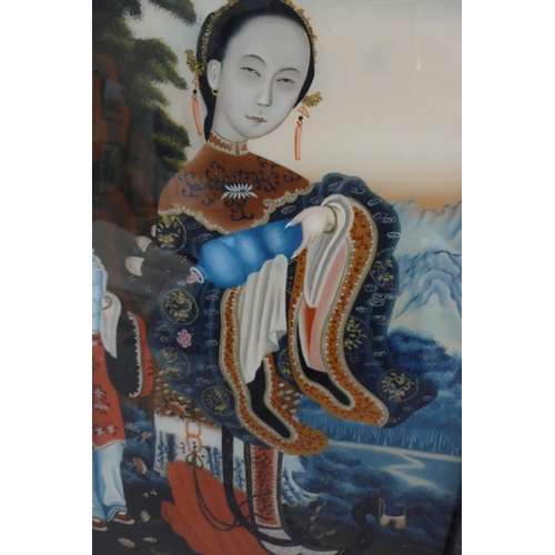 249 - 19th/20thC Chinese painting on glass of a woman pouring pink flowers out of a bottle and an attendan... 