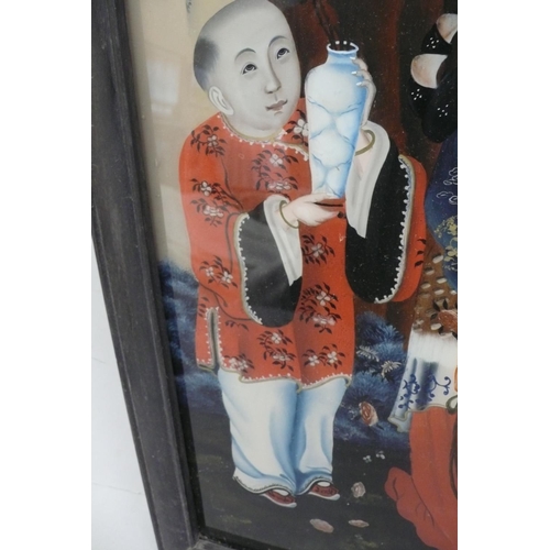 249 - 19th/20thC Chinese painting on glass of a woman pouring pink flowers out of a bottle and an attendan... 