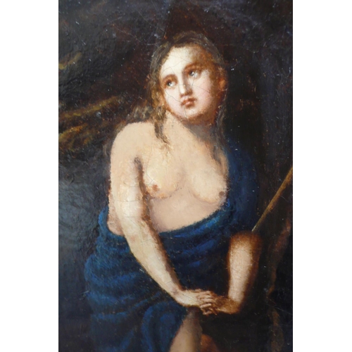 252 - 18thC possibly Italian school, semi nude woman hiding in a cave, oil on canvas on a board, some over... 