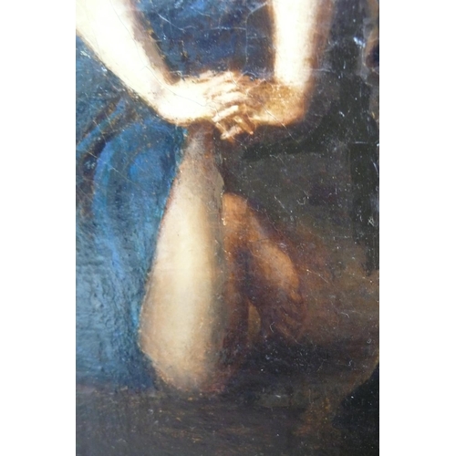 252 - 18thC possibly Italian school, semi nude woman hiding in a cave, oil on canvas on a board, some over... 