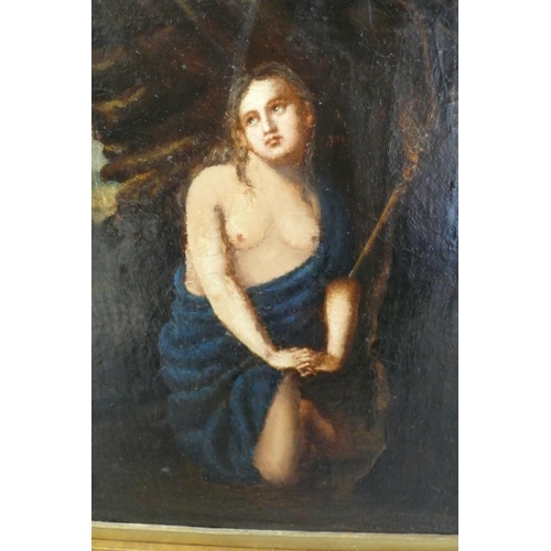 252 - 18thC possibly Italian school, semi nude woman hiding in a cave, oil on canvas on a board, some over... 