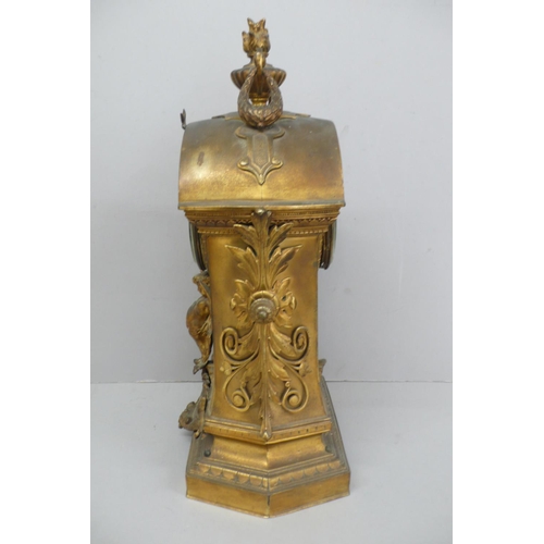 257 - 19thC French ormolu mantel clock with flaming urn finial to dome top, enamel numerals to brass dial,... 