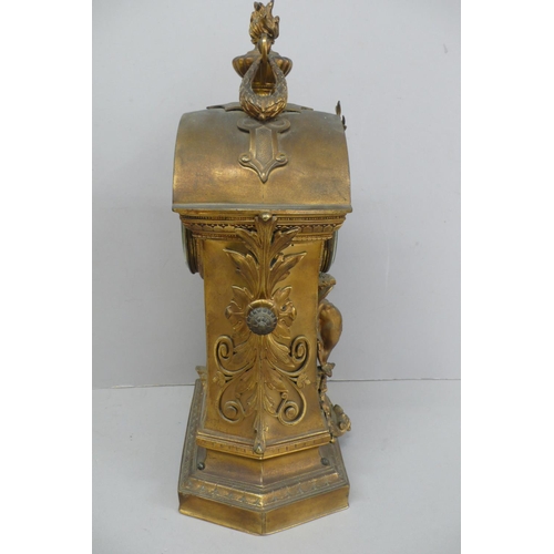 257 - 19thC French ormolu mantel clock with flaming urn finial to dome top, enamel numerals to brass dial,... 