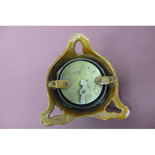 261 - 19th/20thC cold painted iron wind up shop counter bell in the form of an owl with yellow glass eyes,... 