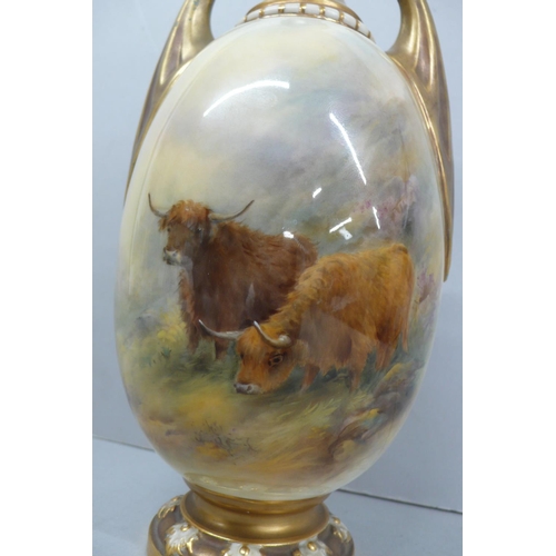 263 - Royal Worcester H.Stinton two handled stem vase with highland cattle decoration signed dated 1919 - ... 