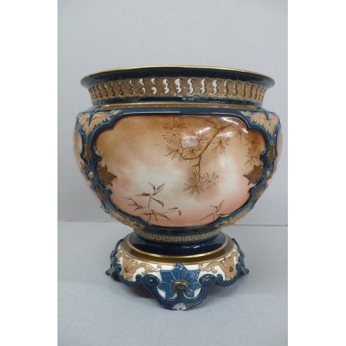 264 - Hadley's Worcester porcelain vase with pierced border peacock decoration to cartouches on four splay... 