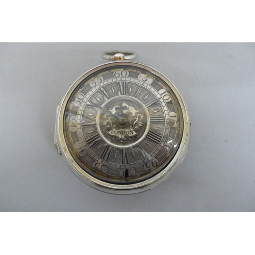 280 - 17th/18thC silver pair cased Verge keywind pocket watch with cut steel dial, Arabic and roman Numera... 