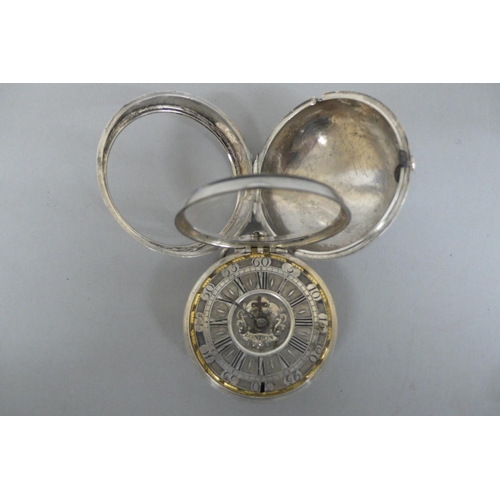 280 - 17th/18thC silver pair cased Verge keywind pocket watch with cut steel dial, Arabic and roman Numera... 