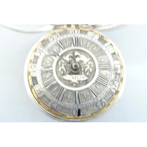 280 - 17th/18thC silver pair cased Verge keywind pocket watch with cut steel dial, Arabic and roman Numera... 