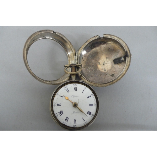 281 - 18thC silver pair cased verge pocket watch with white enamel dial marked Chater London and movement ... 