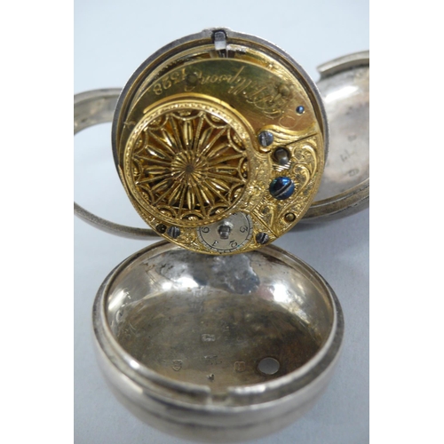 281 - 18thC silver pair cased verge pocket watch with white enamel dial marked Chater London and movement ... 