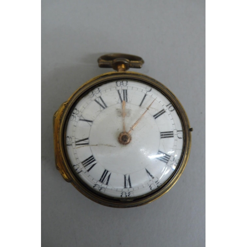 282 - 18thC pair cased gold plated verge pocket watch with white enamel dial Arabic and Roman numerals, th... 