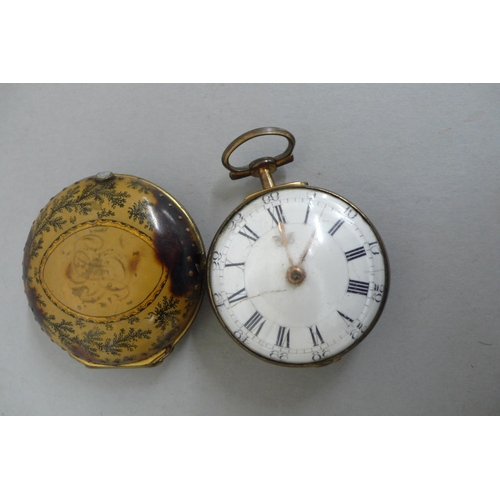 282 - 18thC pair cased gold plated verge pocket watch with white enamel dial Arabic and Roman numerals, th... 